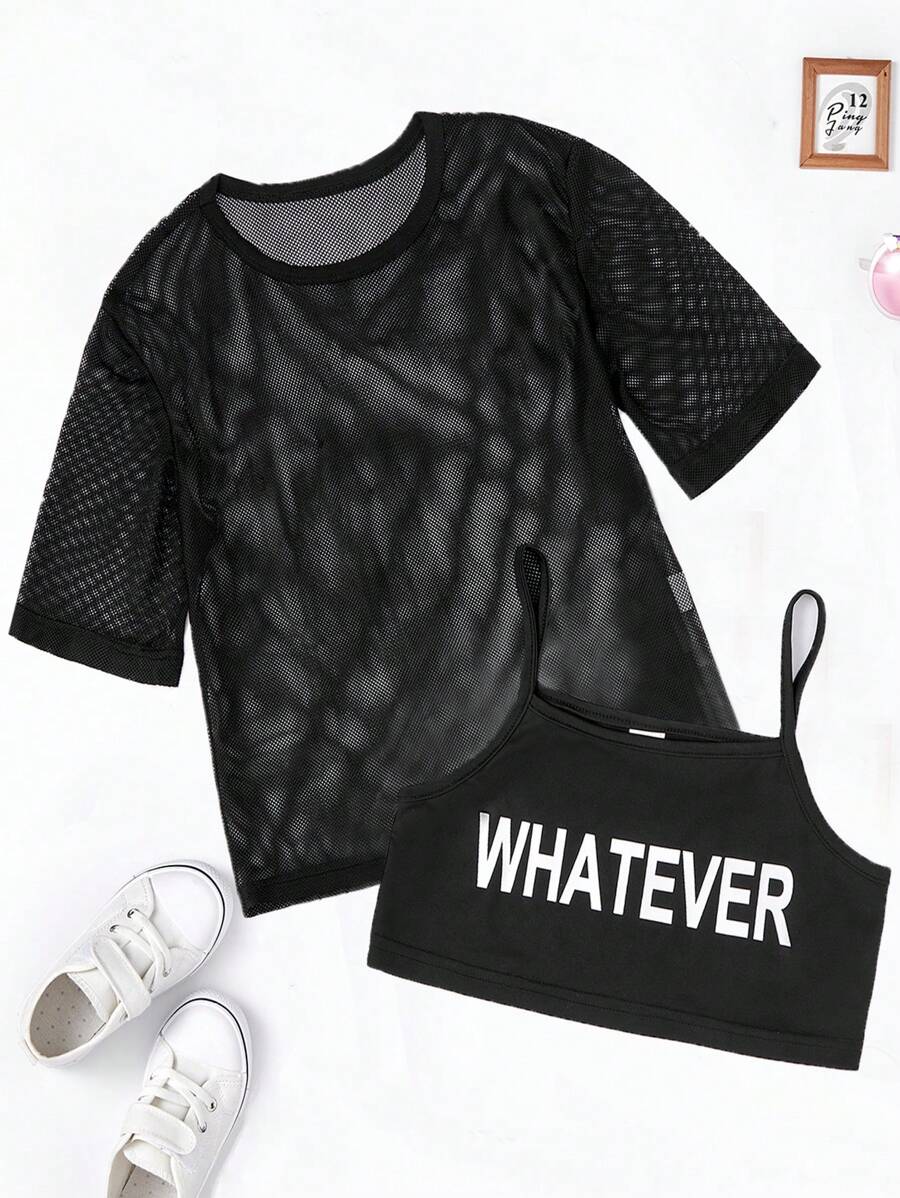 Niñas de malla Camiseta & con estampado de letra Top de tirantes - Negro - Ver 1