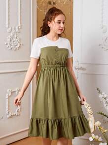 SHEIN Chica adolescente Vestido de dos tonos bajo con fruncido - Verde militar - Ver 4