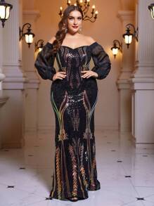 SHEIN Belle Plus Off Shoulder Lantern Sleeve Sequin Formal Dress - Black - View 2