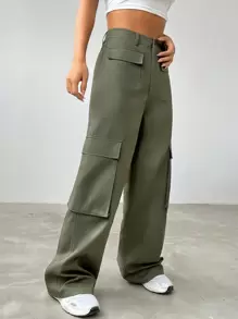 SHEIN EZwear Flap Pocket Side Cargo Pants - Army Green - View 5