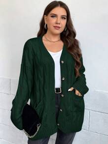 SHEIN Clasi Talla grande Cárdigan tejido de cable de hombros caídos con parche de bolsillo - Verde Oscuro - Ver 5