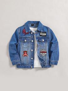 SHEIN Young Boy 1pc Letter Patched Detail Denim Jacket - Dark Wash - View 1