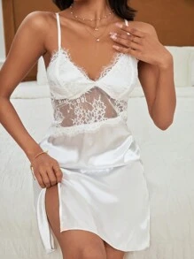 蕾絲拼接高衩緞面吊帶睡裙 - 杏色 - 查看 5