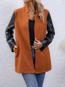 SHEIN LUNE 拼接PU皮革開門襟外套 - 棕色 - 查看 4