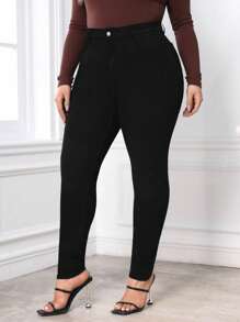 SHEIN Frenchy 加大码紧身牛仔裤 - 黑色 - 查看 1