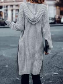 SHEIN LUNE 雙口袋落肩袖連帽開襟開衫 - 淺灰色 - 查看 2