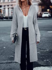 SHEIN LUNE 雙口袋落肩袖連帽開襟開衫 - 淺灰色 - 查看 4