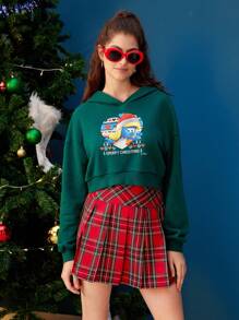 SHEIN X The Smurfs Cartoon & Slogan Graphic Drop Shoulder Hoodie - Green - View 1