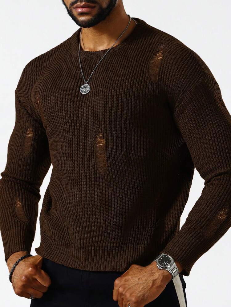 Manfinity LEGND 男款實心撕破滴肩毛衣 - 咖啡棕 - 查看 1