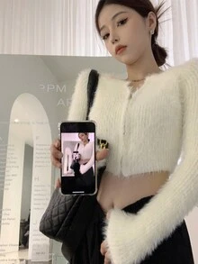 纯色纽扣短款蓬松开衫，长袖上衣，休闲春季款 - 米色 - 查看 4