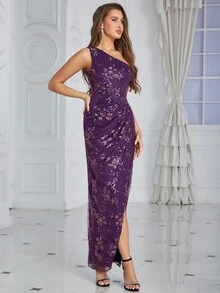 Eilly Bazar One Shoulder Wrap Hem Sequin Prom Dress - Purple - View 3