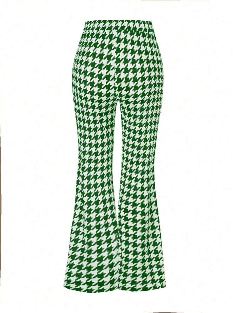 Celure 大碼千鳥格印花喇叭褲 - 綠色 - 查看 2