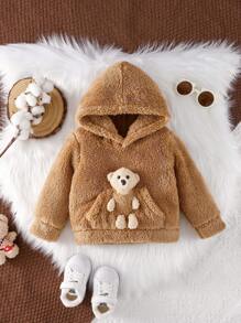 SHEIN Baby Girl 3D Bear Decor Kangaroo Pocket Teddy Sweatshirt - Brown - View 1