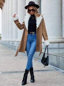 SHEIN Clasi 羊絨領口腰帶外套 - 棕色 - 查看 4