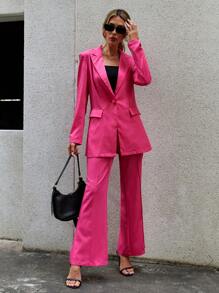 SHEIN Privé Cổ áo Áo vest & Đường may Chi tiết Quần ống loe - Màu Hồng Tươi - Xem 3