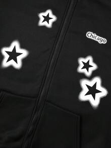 Manfinity Homme Nam In Chữ & Sao Dây kéo Dây rút Ngoại cỡ Hoodie - màu đen - Xem 6