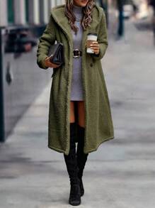SHEIN LUNE Double Breasted Hooded Teddy Coat - Army Green - View 4