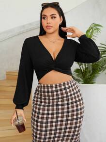 SHEIN EZwear 大碼前扭結燈籠袖短款T恤 - 黑色 - 查看 1