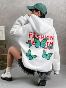 SHEIN EZwear 蝴蝶和字母圖案落肩袖連帽衫 - 白色 - 查看 1