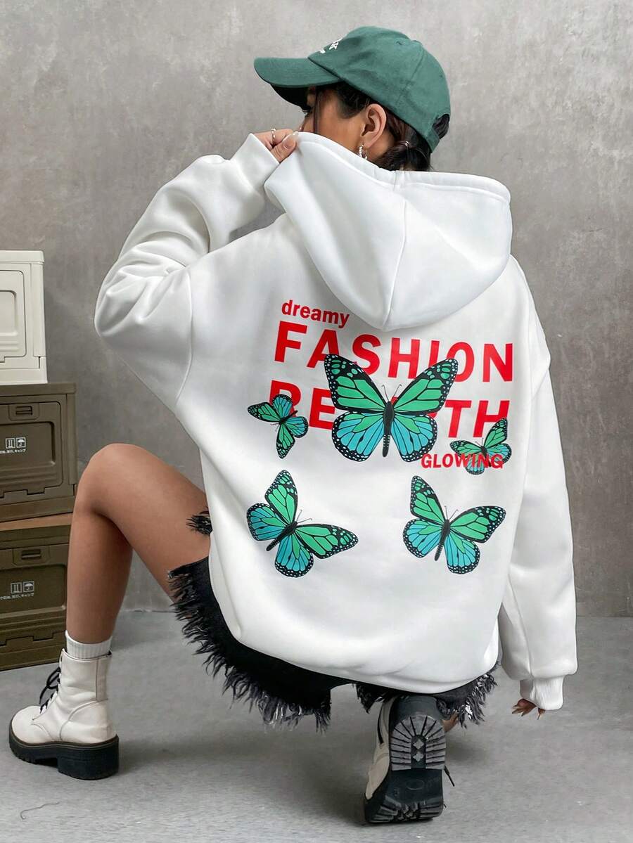 SHEIN EZwear 蝴蝶和字母圖案落肩袖連帽衫 - 白色 - 查看 1