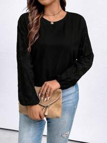SHEIN LUNE Plus Eyelet Embroidery Lantern Sleeve Tee - Black - View 1