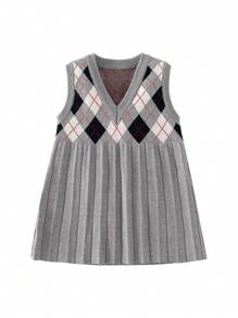 Baby Girl Argyle Pattern Pleated Sweater Dress - Grey - View 1