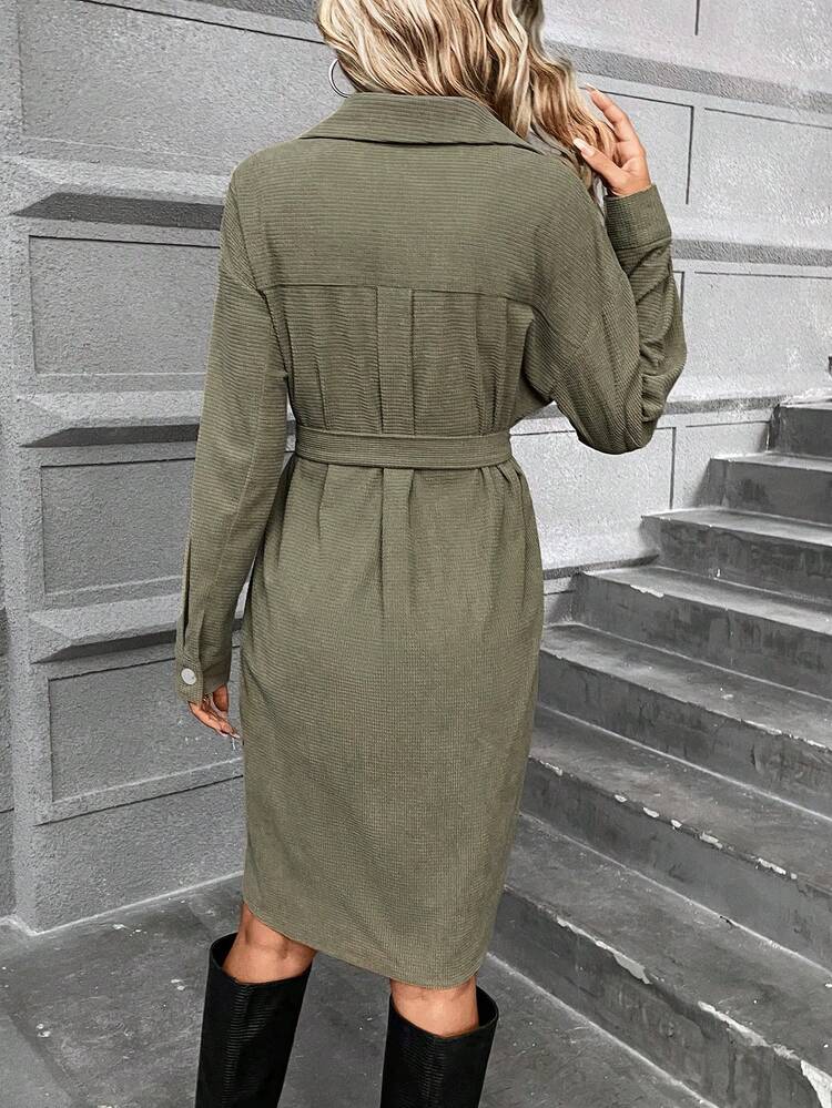 Drop Shoulder Belted Shirt Dress Winter Green