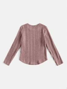 SHEIN 女大童素色弧形下擺條紋針織T恤 - 藕粉色 - 查看 2