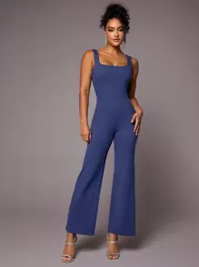 SHEIN BAE Solid Square Neck Jumpsuit - Royal Blue - View 4