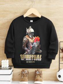 SHEIN 年輕男孩標語和人物圖案運動衫無襯衫 - 黑色 - 查看 7