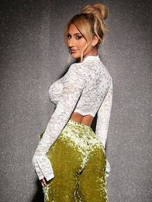 SHEIN SXY 小高領荷葉袖胸部褶皺短款蕾絲上衣 - 白色 - 查看 2