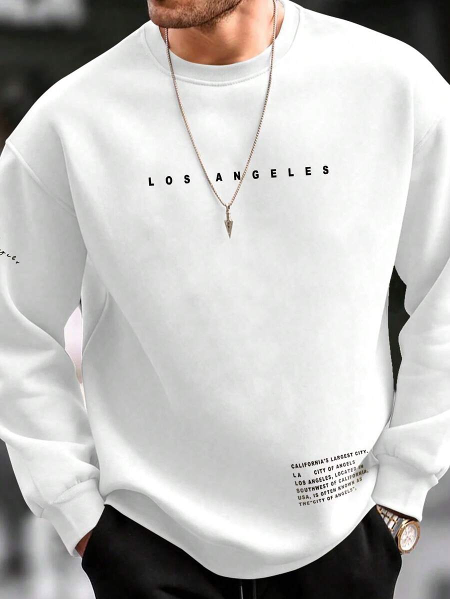 Manfinity Homme Men Slogan Graphic Drop Shoulder Sweatshirt, Los Angeles, Long Sleeves, Men Co Ords - White - View 1