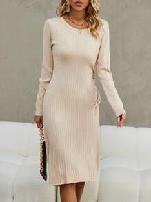SHEIN Clasi Drawstring Side Ribbed Knit Sweater Dress - Apricot - View 4