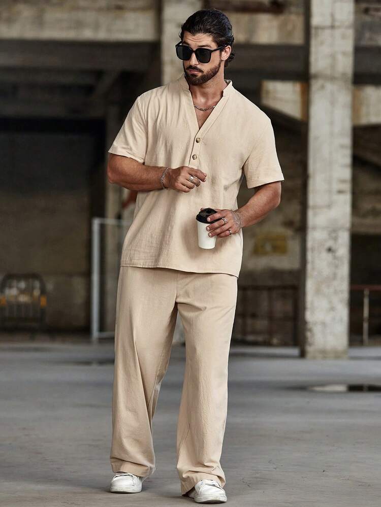 Manfinity Homme Men's Loose Fit Solid Color Shirt With Half Button Closure And Pants - Khaki - View 4