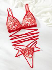 SHEIN Set de lencería con bordado floral de malla - Burdeos - Ver 3