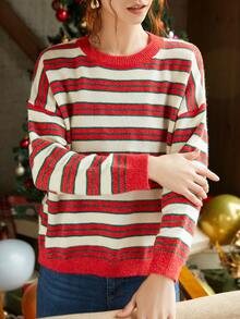 Knit Mix 條紋圖案落肩袖套頭毛衣 - 紅色 - 查看 6