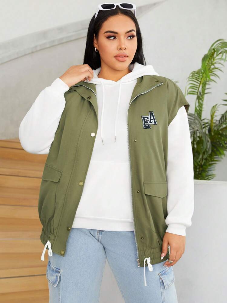 Plus Letter Patched Flap Pocket Drawstring Hem Vest Jacket Without Hoodie