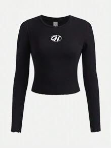 青少年女孩字母圖案木耳邊T恤 - 黑色 - 查看 1