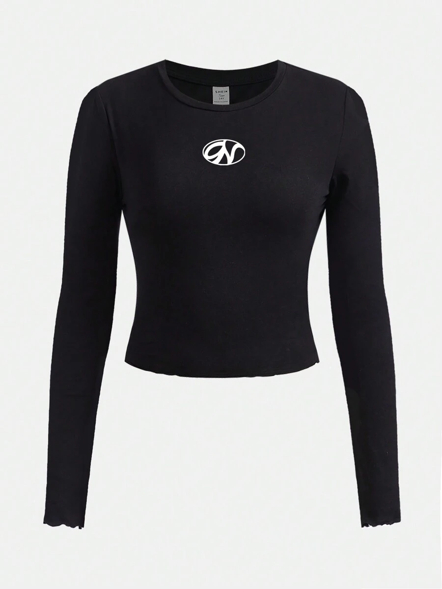 青少年女孩字母圖案木耳邊T恤 - 黑色 - 查看 1