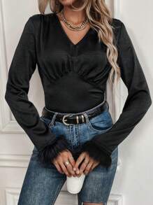 SHEIN LUNE 毛茸茸袖口V領襯衫 - 黑色 - 查看 4