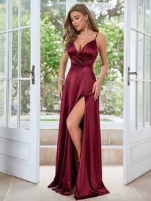 MUXXN Satin High Slit Formal Dress, Party Dress, Evening Gown, Cocktail Dress, Wedding Guest Dress - Burgundy - View 5