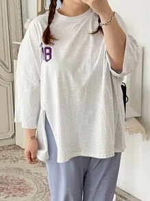 Dazy Plus Letter Print T-Shirt - Light Grey - View 3