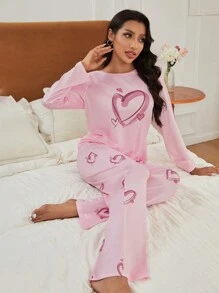 In Trái tim Bộ áo Tee & quần PJ - Hồng - Xem 3