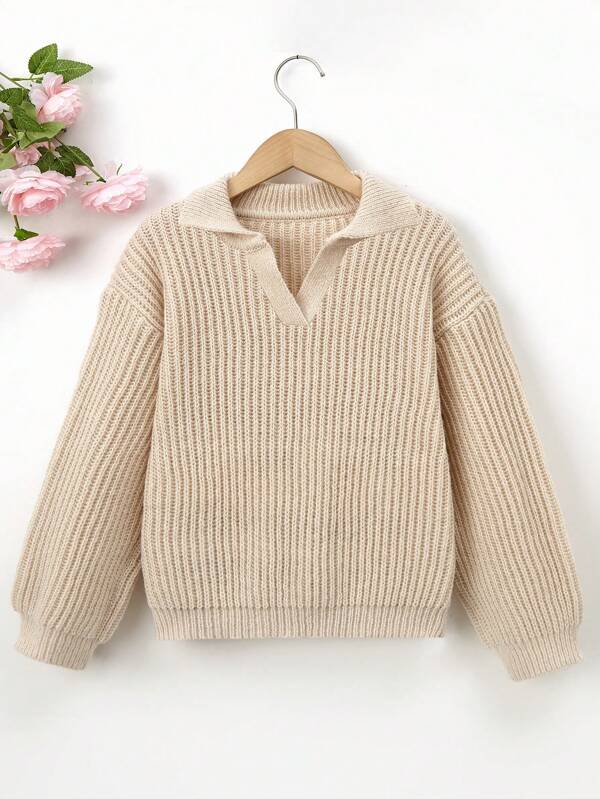 SHEIN Tween Girls Sweater Rib-Knit Plain Casual