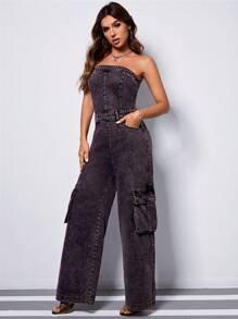 SHEIN EZwear Flap Pocket Side Denim Tube Jumpsuit - Dark Wash - View 4