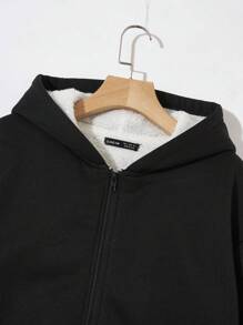 SHEIN EZwear 秋冬款落肩拉链保暖连帽衫 - 黑與白 - 查看 4