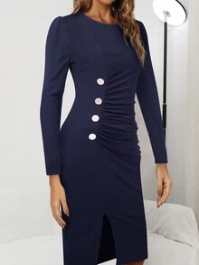 HOMEYEE Button Detail Ruched Split Thigh Dress - Navy Blue - View 4