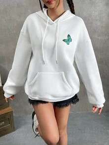 SHEIN EZwear 蝴蝶和字母圖案落肩袖連帽衫 - 白色 - 查看 3