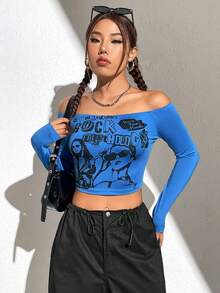 SHEIN Unity Camiseta crop con estampado de figura y slogan de hombros descubiertos - Azul - Ver 6