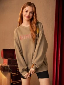 HARRY POTTER X SHEIN 字母圖案落肩袖運動衫 - 卡其色 - 查看 5
